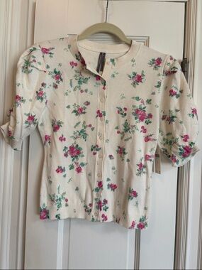 NWT Anthropologie Cream Floral Button-Front Cardigan with Pink & Green Roses